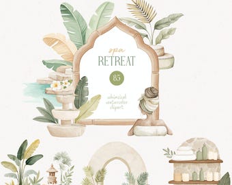 Spa Retreat Watercolor Clipart Self Care Tropical Luxury Wellness Minimalistic Massage Therapy PNG Commercial Use