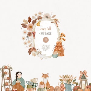 Puede incluir: Ilustración en acuarela con un tema de cabaña otoñal acogedora. La imagen presenta un marco ovalado central con el texto "Cozy Fall Cottage" y "Whimsical Watercolor Clipart". El marco está rodeado de follaje otoñal, un pato y un delantal.