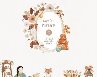 Autumn Cottage Clipart Watercolor Fall Cottagecore Cozy Rustic Vintage Countryside Pumpkins Flowers PNG Commercial Licence
