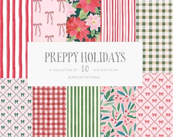 Preppy Christmas Seamless Patterns Watercolor Red Green Coquette Holidays Digital Scrapbook Paper Digital Download Commercial License