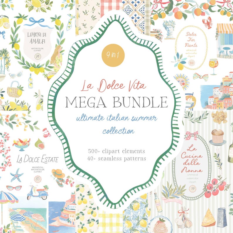 Dolce Vita Watercolor Clipart Bundle: Italian Summer Doodles (Commercial Use) image 1