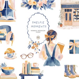 Puede incluir: Ilustración en acuarela que presenta una escena de lectura acogedora con una mujer sosteniendo un libro, una librería y varios elementos como un cruasán, una taza de té y libros. La paleta de colores incluye azules, naranjas y rosas, creando una estética caprichosa.