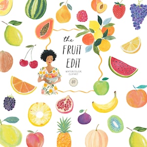 May include: Watercolor illustration featuring a variety of fruits, including watermelon, papaya, cherries, and a woman holding a bowl of fruit. The text "the FRUIT EDIT" is displayed, along with "WATERCOLOR CLIPART" and the number "80".