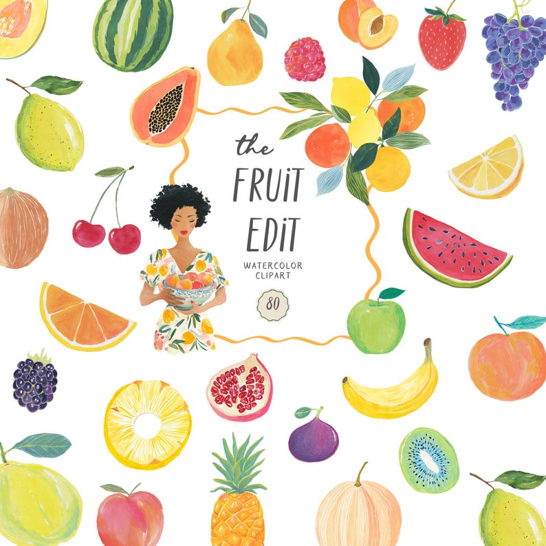 May include: Watercolor illustration featuring a variety of fruits, including watermelon, papaya, cherries, and a woman holding a bowl of fruit. The text "the FRUIT EDIT" is displayed, along with "WATERCOLOR CLIPART" and the number "80".