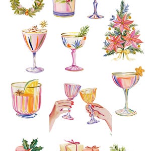 Op de afbeelding: Een verzameling aquarelillustraties getiteld HOLIDAY CHEERS WHIMSICAL WATERCOLOR CLIPART met een krans, diverse cocktails in glazen op voet, een kerstboom met kerststerren, macarons op een etag&egrave;re en ingepakte cadeaus.