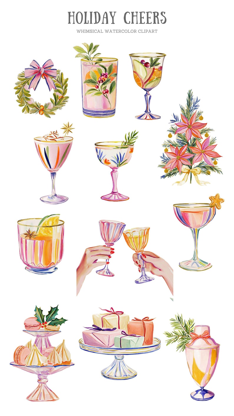 Op de afbeelding: Een verzameling aquarelillustraties getiteld HOLIDAY CHEERS WHIMSICAL WATERCOLOR CLIPART met een krans, diverse cocktails in glazen op voet, een kerstboom met kerststerren, macarons op een etag&egrave;re en ingepakte cadeaus.