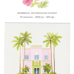 Pu&ograve; includere: Illustrazione ad acquerello con un edificio rosa con una porta verde e palme. L'immagine include anche fiori di ibisco rosa e fogliame tropicale. Testo: WHIMSICAL WATERCOLOR CLIPART.