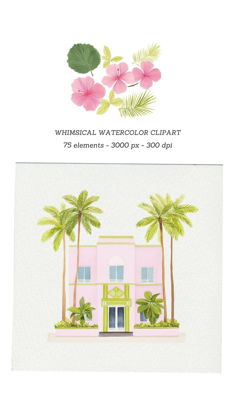 Pu&ograve; includere: Illustrazione ad acquerello con un edificio rosa con una porta verde e palme. L'immagine include anche fiori di ibisco rosa e fogliame tropicale. Testo: WHIMSICAL WATERCOLOR CLIPART.