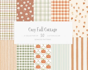 Fall Seamless Patterns Watercolor Autumn Cottagecore Background Floral Digital Paper Rustic Pumpkin Gingham Vintage Stripes