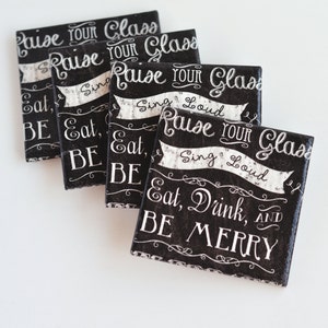 Merry Christmas Coasters Handmade Chalkboard Style Retro Font Quote Ceramic Tile Black Drink Coasters Hostess New Year Unique Holiday Gift image 4