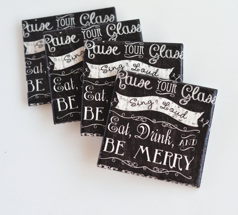 Merry Christmas Coasters Handmade Chalkboard Style Retro Font Quote Ceramic Tile Black Drink Coasters Hostess New Year Unique Holiday Gift image 4