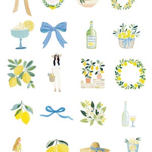 May include: Watercolor clipart featuring lemons, bows, wreaths, and a bottle of limoncello. The image includes illustrations of a woman in a hat, a bowl of lemon sorbet, and a basket of lemons. The text at the top reads "LIMONI DI AMALFI WATERCOLOR CLIPART."