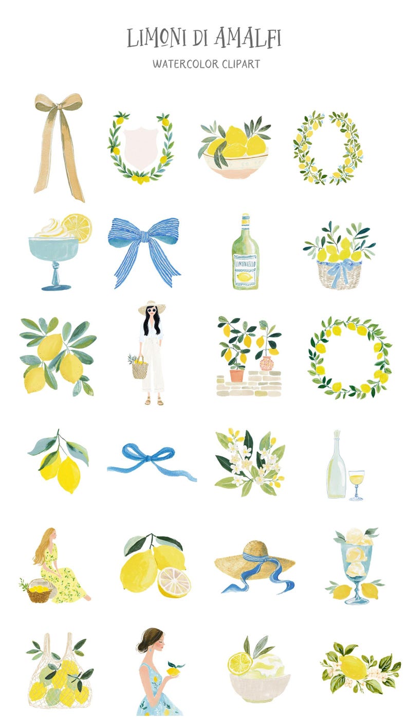 May include: Watercolor clipart featuring lemons, bows, wreaths, and a bottle of limoncello. The image includes illustrations of a woman in a hat, a bowl of lemon sorbet, and a basket of lemons. The text at the top reads "LIMONI DI AMALFI WATERCOLOR CLIPART."