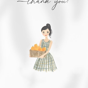 May include: Illustration of a woman in a plaid dress holding a basket of oranges. The text "thank you!" is written in cursive script. A light brown bow is in the upper right corner.