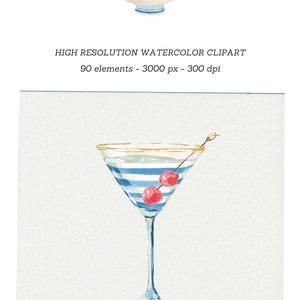 May include: Watercolor illustration featuring a bowl of lemons, cherries, and figs, and a martini glass with blue stripes and cherries. The image includes the text "HIGH RESOLUTION WATERCOLOR CLIPART" and "90 elements - 3000 px - 300 dpi".