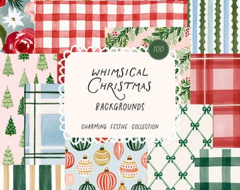 100 Christmas Backgrounds Bundle, Whimsical Preppy Digital Paper, Watercolor Holiday Patterns Background Graphics, Commercial License