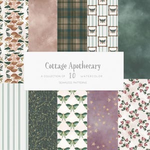 May include: A collection of 10 watercolor seamless patterns. The patterns include mushrooms, plaid, butterflies, stripes, leaves, stars, and floral designs. The text "Cottage Apothecary" is displayed in the center.