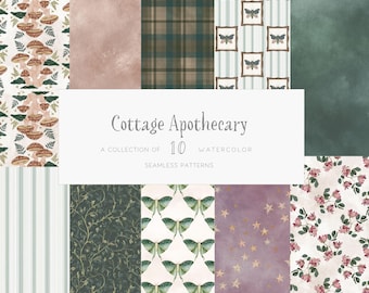 Dark Cottagecore Seamless Patterns Watercolor Vintage Dark Botanical Backgrounds Witchy Apothecary Digital Paper