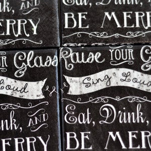 Merry Christmas Coasters Handmade Chalkboard Style Retro Font Quote Ceramic Tile Black Drink Coasters Hostess New Year Unique Holiday Gift image 3