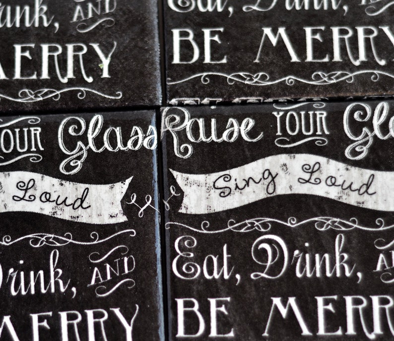 Merry Christmas Coasters Handmade Chalkboard Style Retro Font Quote Ceramic Tile Black Drink Coasters Hostess New Year Unique Holiday Gift image 3