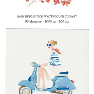 May include: Watercolor illustration of a woman on a blue scooter, wearing a striped shirt, white skirt, and sunglasses. A red scarf is tied around the neck. The image includes a branch of red flowers and the text: HIGH RESOLUTION WATERCOLOR CLIPART.