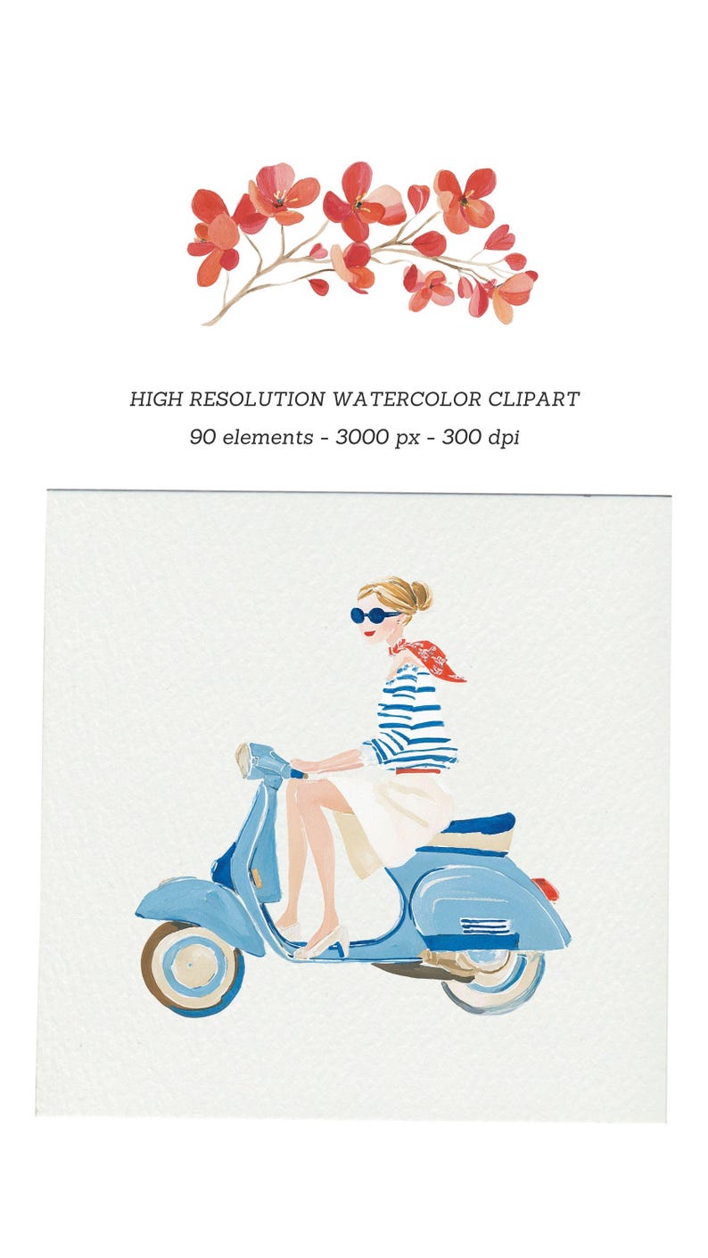 May include: Watercolor illustration of a woman on a blue scooter, wearing a striped shirt, white skirt, and sunglasses. A red scarf is tied around the neck. The image includes a branch of red flowers and the text: HIGH RESOLUTION WATERCOLOR CLIPART.