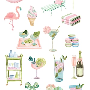 Pu&ograve; includere: Illustrazione ad acquerello con il testo "Palm Springs". L'immagine presenta elementi a tema spiaggia, tra cui un fenicottero rosa, un gelato, cocktail, bagagli e un ombrellone. La tavolozza dei colori include rosa, verde e blu.