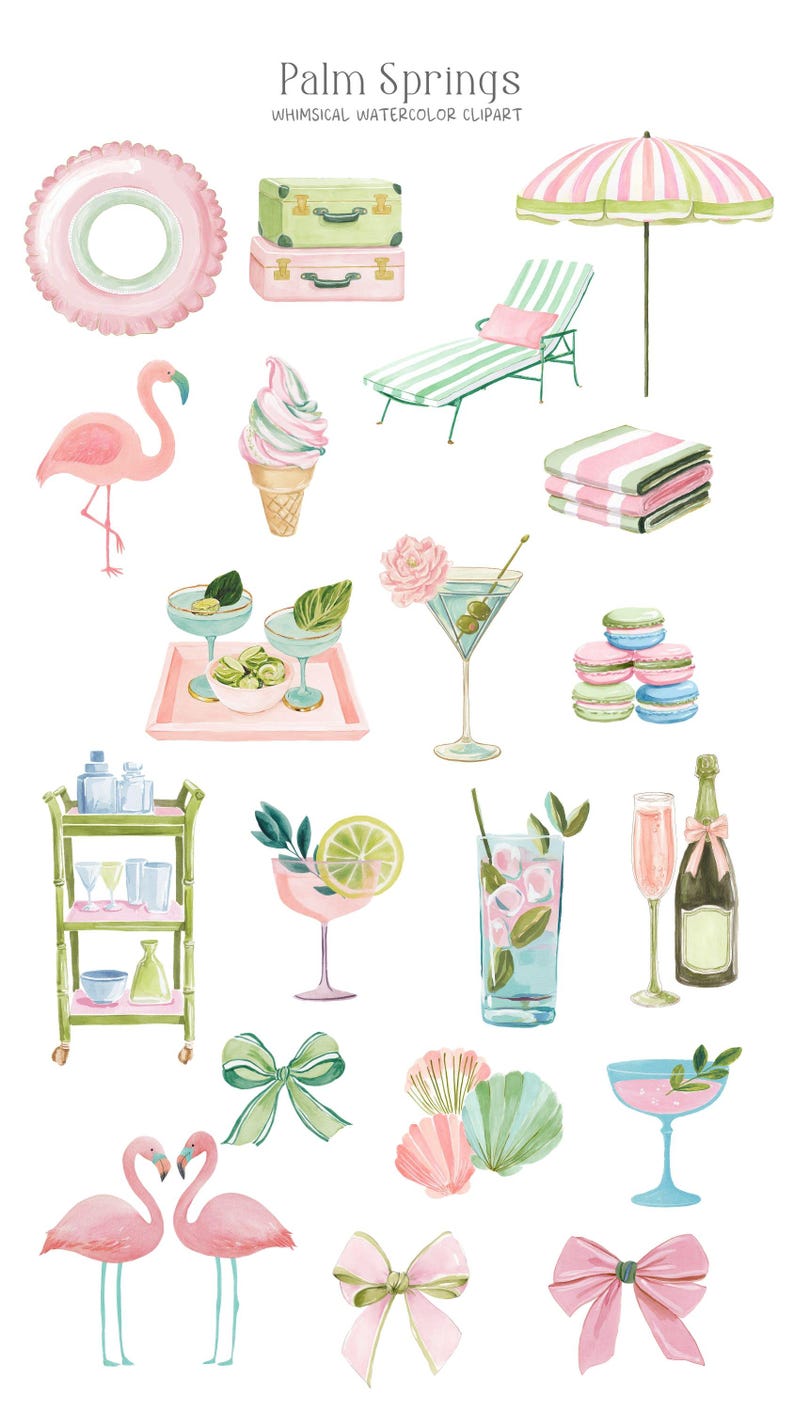 Pu&ograve; includere: Illustrazione ad acquerello con il testo "Palm Springs". L'immagine presenta elementi a tema spiaggia, tra cui un fenicottero rosa, un gelato, cocktail, bagagli e un ombrellone. La tavolozza dei colori include rosa, verde e blu.
