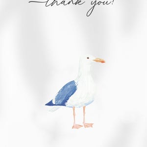 May include: Watercolor illustration of a seagull with blue wing accents and a yellow beak. The words "thank you!" are written in elegant script. A light blue bow graphic is in the upper right corner. The overall design is on a white background.