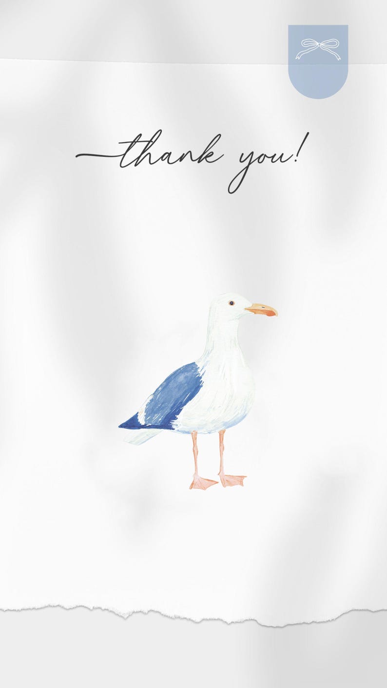 May include: Watercolor illustration of a seagull with blue wing accents and a yellow beak. The words "thank you!" are written in elegant script. A light blue bow graphic is in the upper right corner. The overall design is on a white background.