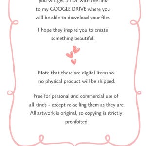 May include: A pink-outlined frame with text describing how digital files are delivered after purchase. The text includes information about downloading files from Google Drive and usage rights.