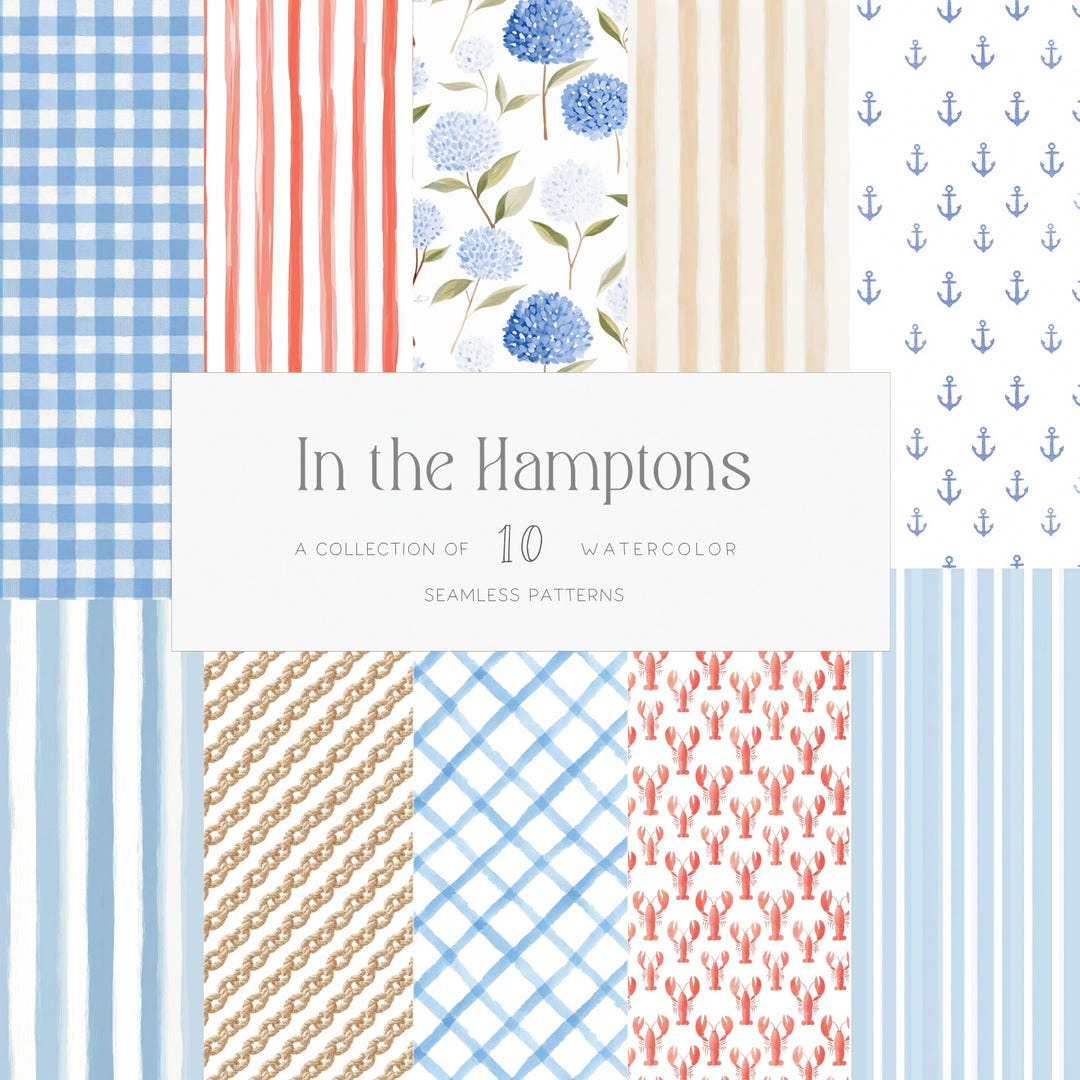 Hamptons Summer Seamless Patterns Coastal Preppy Stripes Backgrounds ...