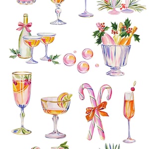 Op de afbeelding: Een verzameling aquarelillustraties getiteld HOLIDAY CHEERS, met diverse cocktails in glazen op voet, champagneflutes, een gestreepte mok met een zuurstok, flessen met strikken, dennentakken, kerstballen en zuurstokken.