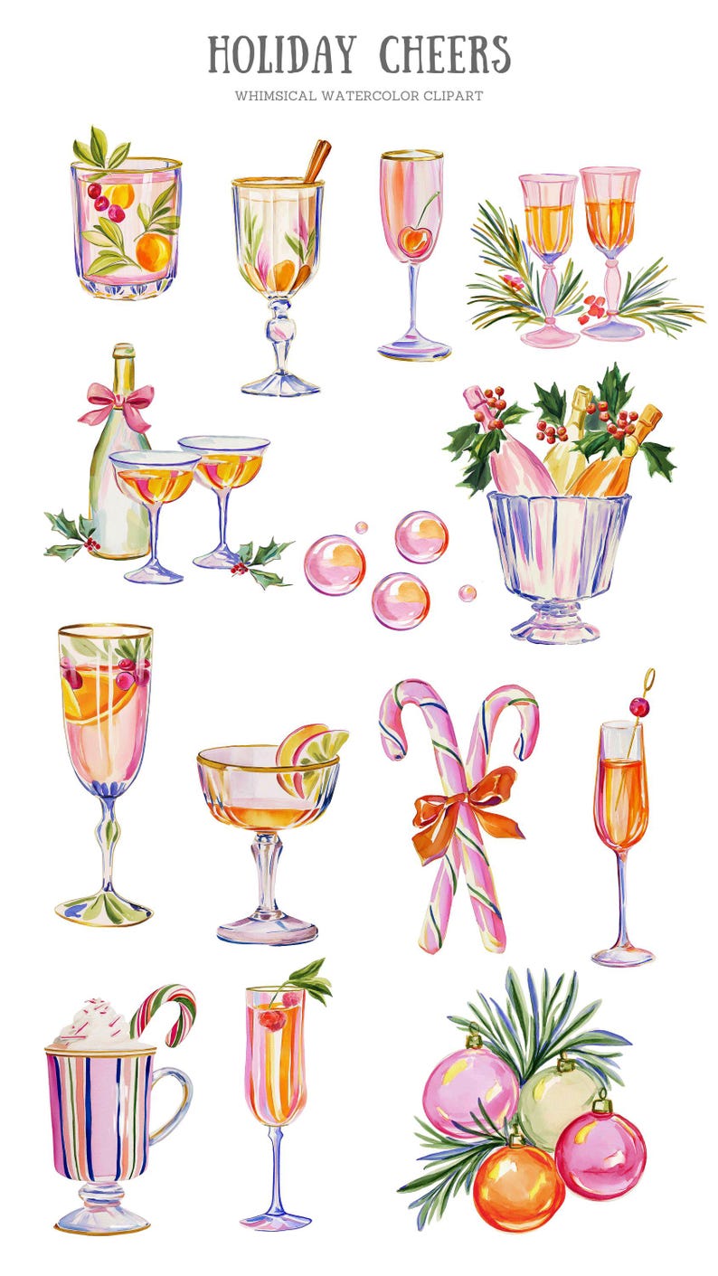 Op de afbeelding: Een verzameling aquarelillustraties getiteld HOLIDAY CHEERS, met diverse cocktails in glazen op voet, champagneflutes, een gestreepte mok met een zuurstok, flessen met strikken, dennentakken, kerstballen en zuurstokken.