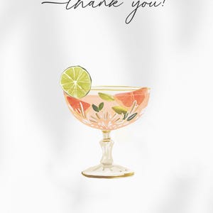 Op de afbeelding: Waterverfillustratie van een cocktail in een vintage glas, gegarneerd met een schijfje limoen. De drank is roze, met fruit en groen erin. De woorden "thank you!" zijn in cursief geschreven.