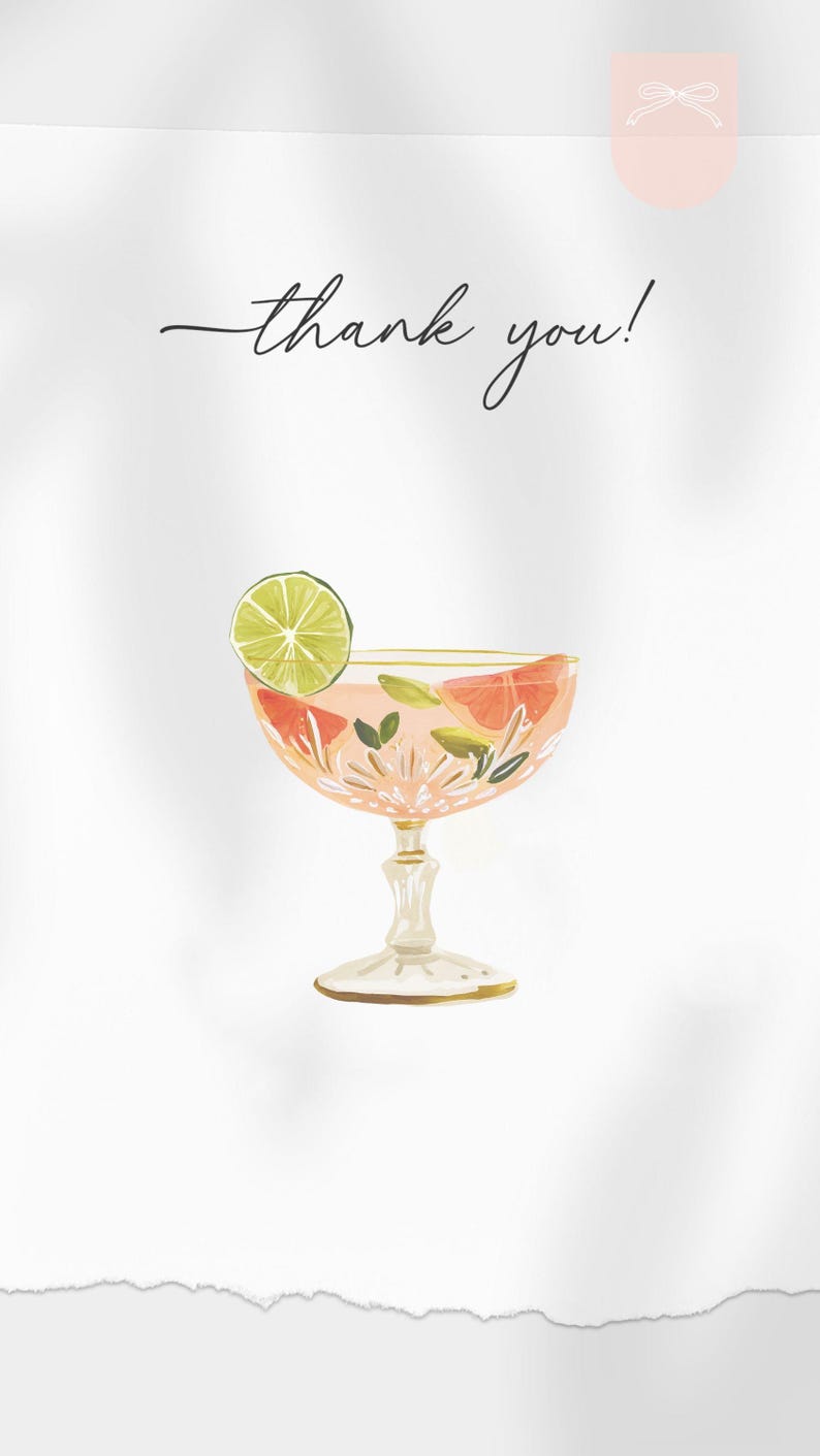 Op de afbeelding: Waterverfillustratie van een cocktail in een vintage glas, gegarneerd met een schijfje limoen. De drank is roze, met fruit en groen erin. De woorden "thank you!" zijn in cursief geschreven.