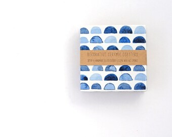 Blue Half Circles Ceramic Coaster Set Modern Watercolor Handmade Decorative Greek Island Style Summer Seaside Minimal Simple Tile Pattern