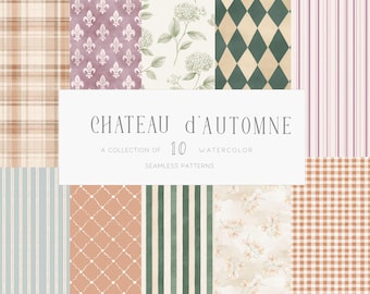 Vintage Autumn Seamless Patterns Watercolor Fall Harvest French Country Backgrounds Brown Plaid Digital Paper