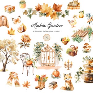 May include: A collection of watercolour clipart with an autumnal theme. The illustrations include pumpkins, leaves, a fox, a cat, a goose, and other fall elements. The text "Amber Garden" and "Whimsical Watercolor Clipart" are also present.