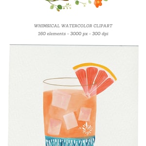 Op de afbeelding: Waterverfillustratie van een cocktail in een glas met ijsblokjes en een schijfje grapefruit. Het glas heeft een blauw-wit patroon aan de onderkant. Boven een aquarel tak met oranje bloemen en groene bladeren.