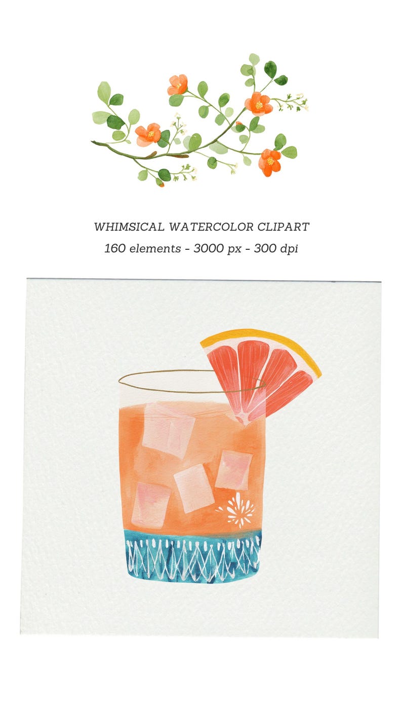 Op de afbeelding: Waterverfillustratie van een cocktail in een glas met ijsblokjes en een schijfje grapefruit. Het glas heeft een blauw-wit patroon aan de onderkant. Boven een aquarel tak met oranje bloemen en groene bladeren.