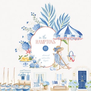 Puede incluir: Ilustraci&oacute;n en acuarela con tem&aacute;tica costera. Presenta una escena de playa con una sombrilla a rayas, una tumbona y una mujer con sombrero. Incluye el texto "in the Hamptons" y una variedad de elementos florales y n&aacute;uticos azules y blancos.