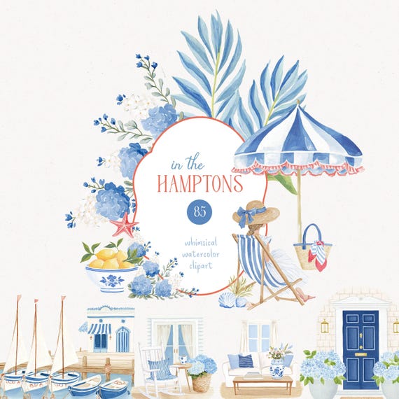 Hamptons Summer Clipart Preppy Whimsical Coastal Grandmother Graphics Bachelorette PNG Commercial Use