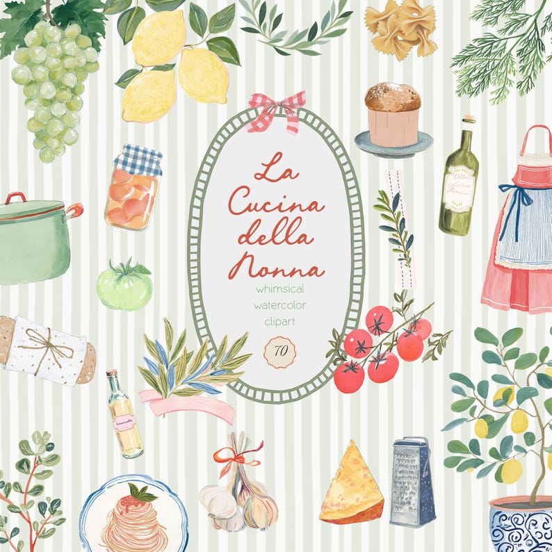 Dolce Vita Watercolor Clipart Bundle: Italian Summer Doodles (Commercial Use) image 11