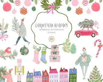 Whimsical Christmas Clipart Colorful Watercolor Doodles Holiday Transparent PNG Pastel Graphics Quirky Festive Clipart Commercial Use