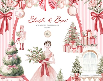 Chinoiserie kerst clipart roze rood Grandmillennial preppy grillige aquarel graphics (PNG, commercieel gebruik)
