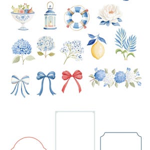 Puede incluir: Conjunto de im&aacute;genes predise&ntilde;adas de acuarela con elementos costeros y florales. Incluye una bicicleta azul con una cesta de flores, una cesta de hortensias, una pila de libros, un salvavidas y un lim&oacute;n. El texto "In the Hamptons" est&aacute; en la parte superior.