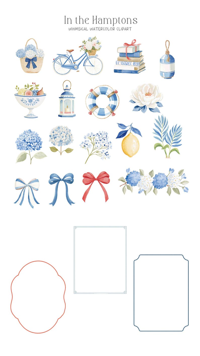 Puede incluir: Conjunto de im&aacute;genes predise&ntilde;adas de acuarela con elementos costeros y florales. Incluye una bicicleta azul con una cesta de flores, una cesta de hortensias, una pila de libros, un salvavidas y un lim&oacute;n. El texto "In the Hamptons" est&aacute; en la parte superior.