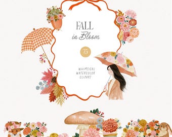 Floral Fall Clipart, Autumn Watercolor Florals, Cozy Seasonal PNG, Pumpkin Botanical Graphics, Preppy Cottagecore Graphics Commercial Use