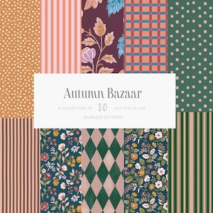 Könnte beinhalten: Eine Sammlung von zehn nahtlosen Aquarellmustern mit Punkten, Streifen und floralen Designs. Die Farben umfassen Orange, Rosa, Grün und Burgunderrot. Der Text "Autumn Bazaar" ist auf einem weißen Rechteck zu sehen.